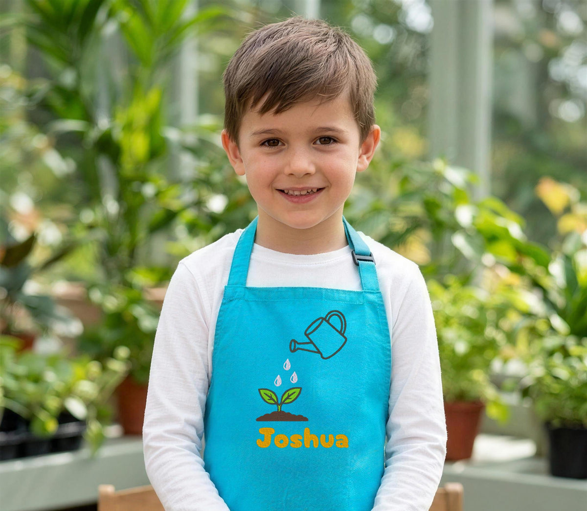 Boy in a turquoise kids apron embroidered with a watering can and the name Joshua