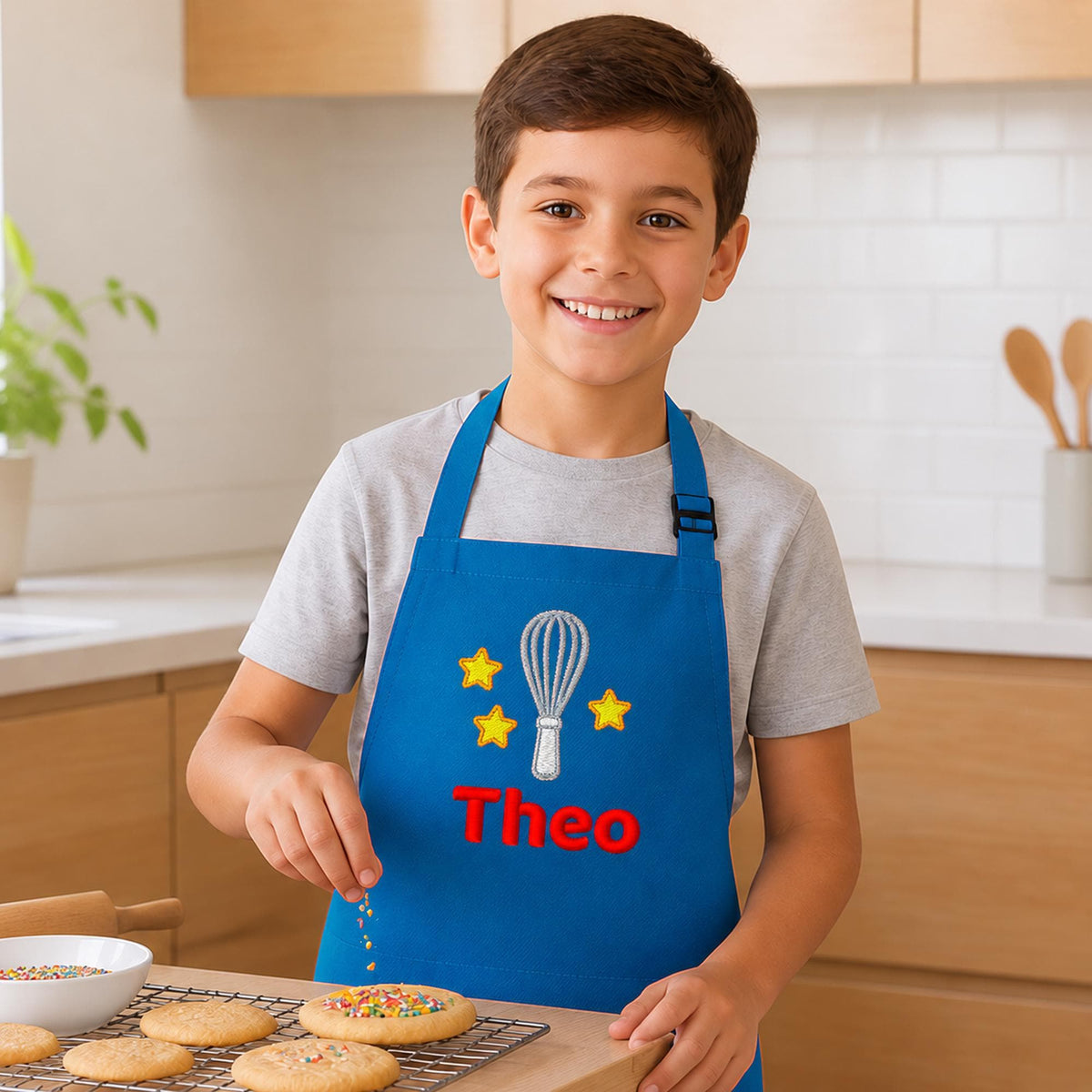 Personalised kids apron in royal blue, embroidered with a whisk, stars and the name Theo