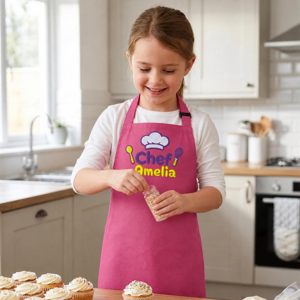Girl baking in a fuchsia personalised apron embroidered Chef Amelia