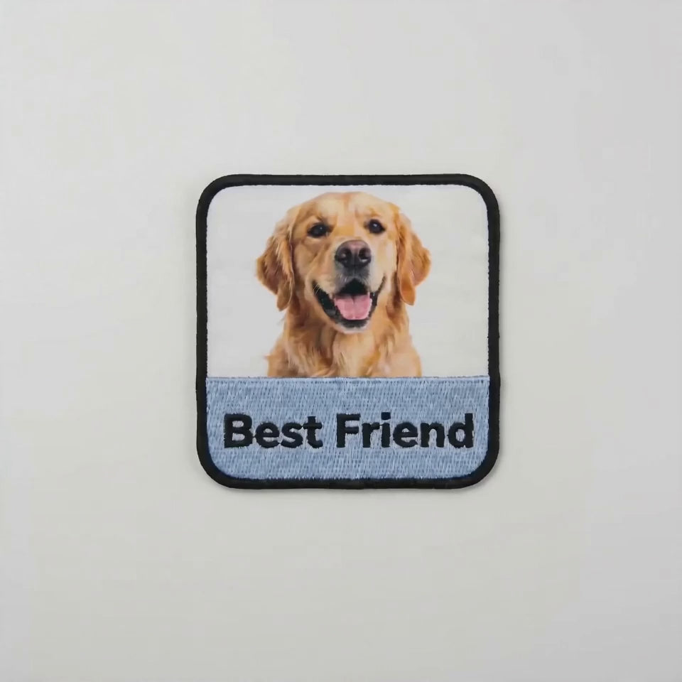 Custom photo patch showcase: your photo dye-printed on fabric with embroidered band and satin-stitch edge