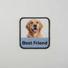 Custom photo patch showcase: your photo dye-printed on fabric with embroidered band and satin-stitch edge