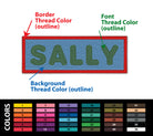 Personalised embroidered patch with name 'SALLY' and color options for border and background threads.